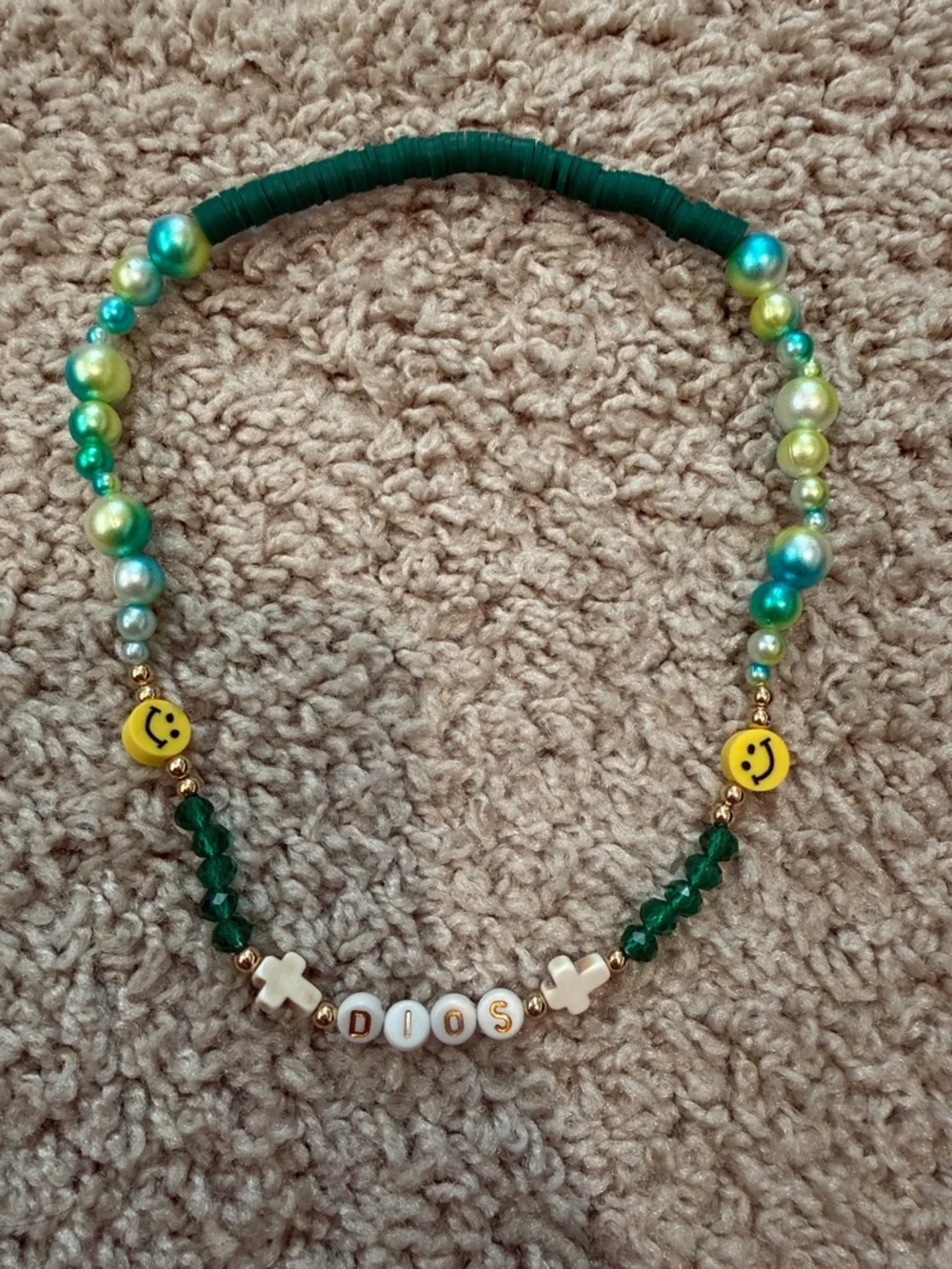 Green Beaded Statement Necklace with Smile Charms